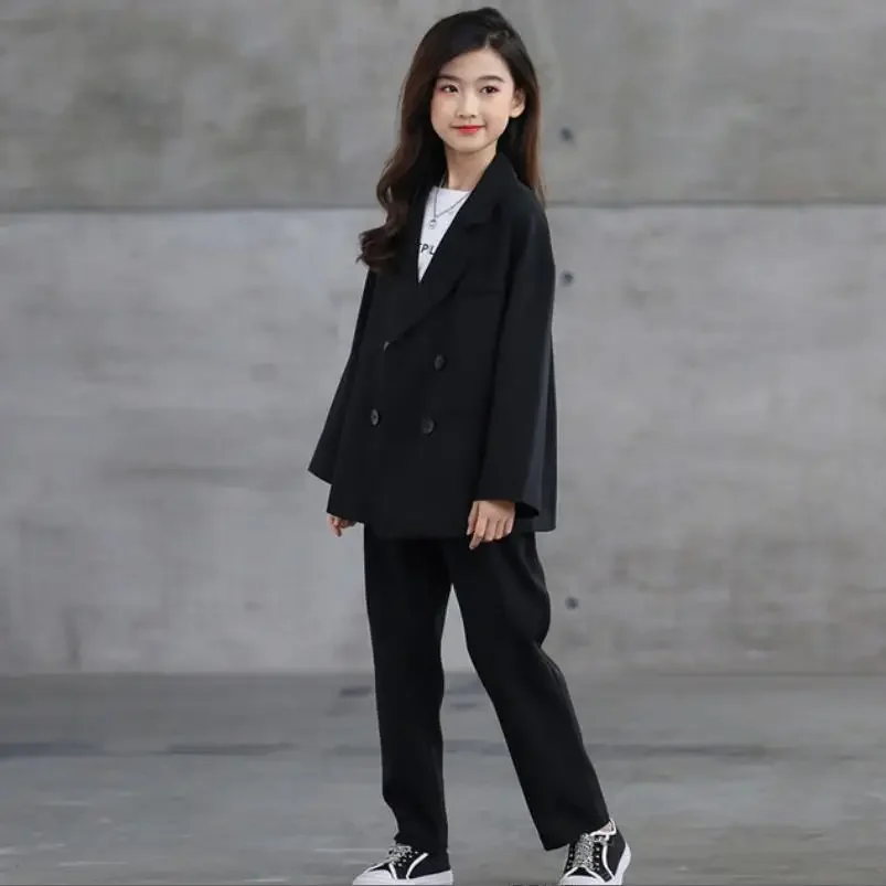 

Baby girl fashion high quality jacket children spring autumn new loose blazer tops kids black coats teenage sets