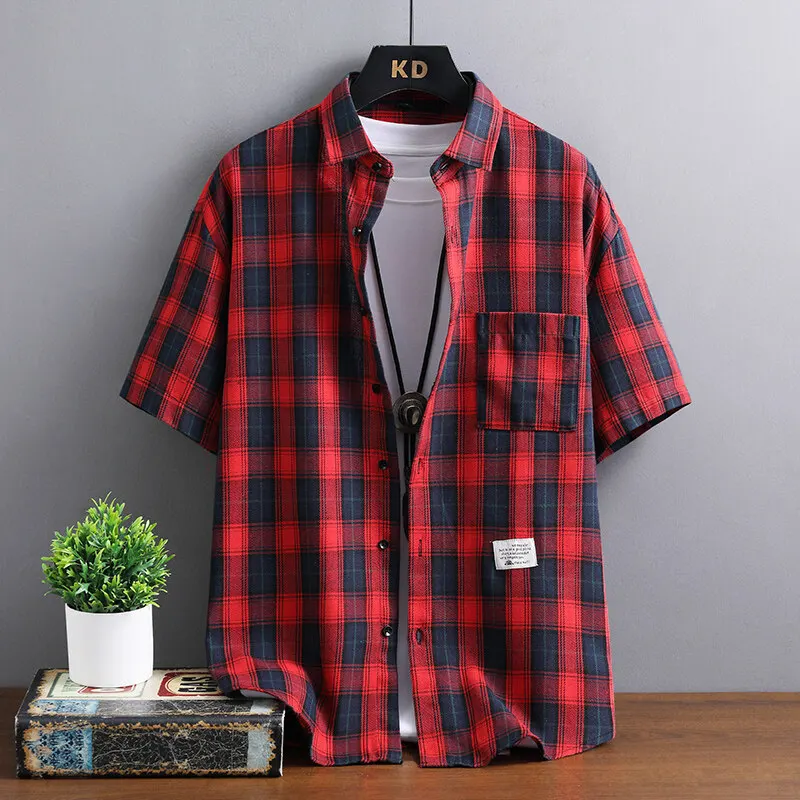 

Men's Summer New Collar Short Sleeve Shirt Checkered Print Casual Breathable Men's Daily Top