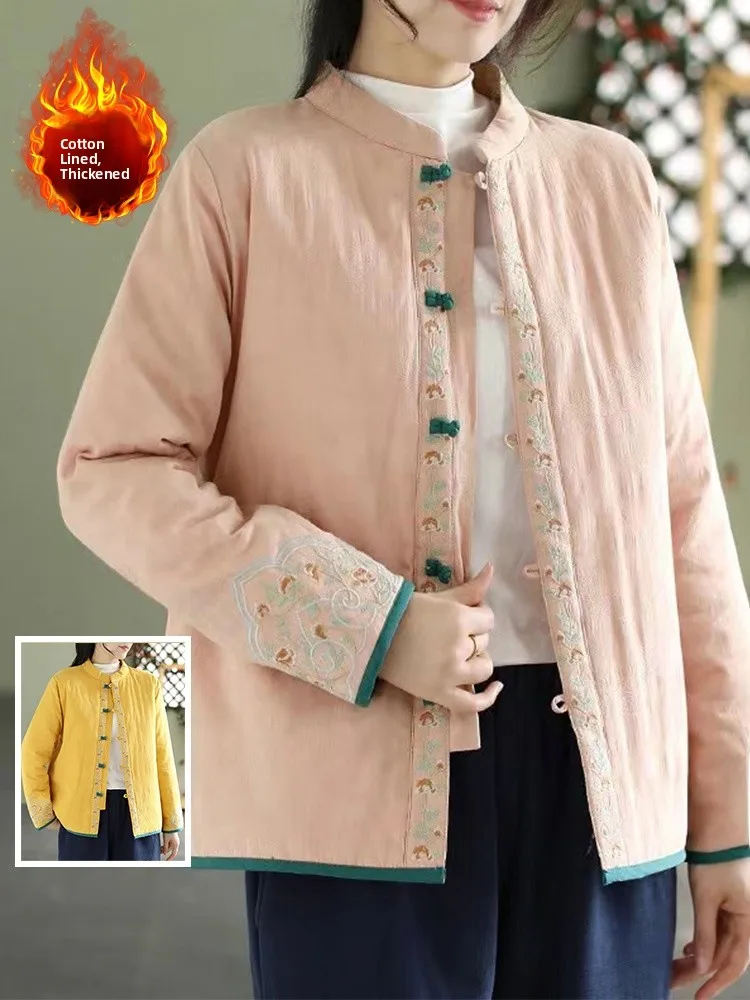 

Маленькая хлопковая льняная куртка Thiened с воротником-стойкой и вышивкой, теплая верхняя одежда для женщин, большой размер, китайский сле