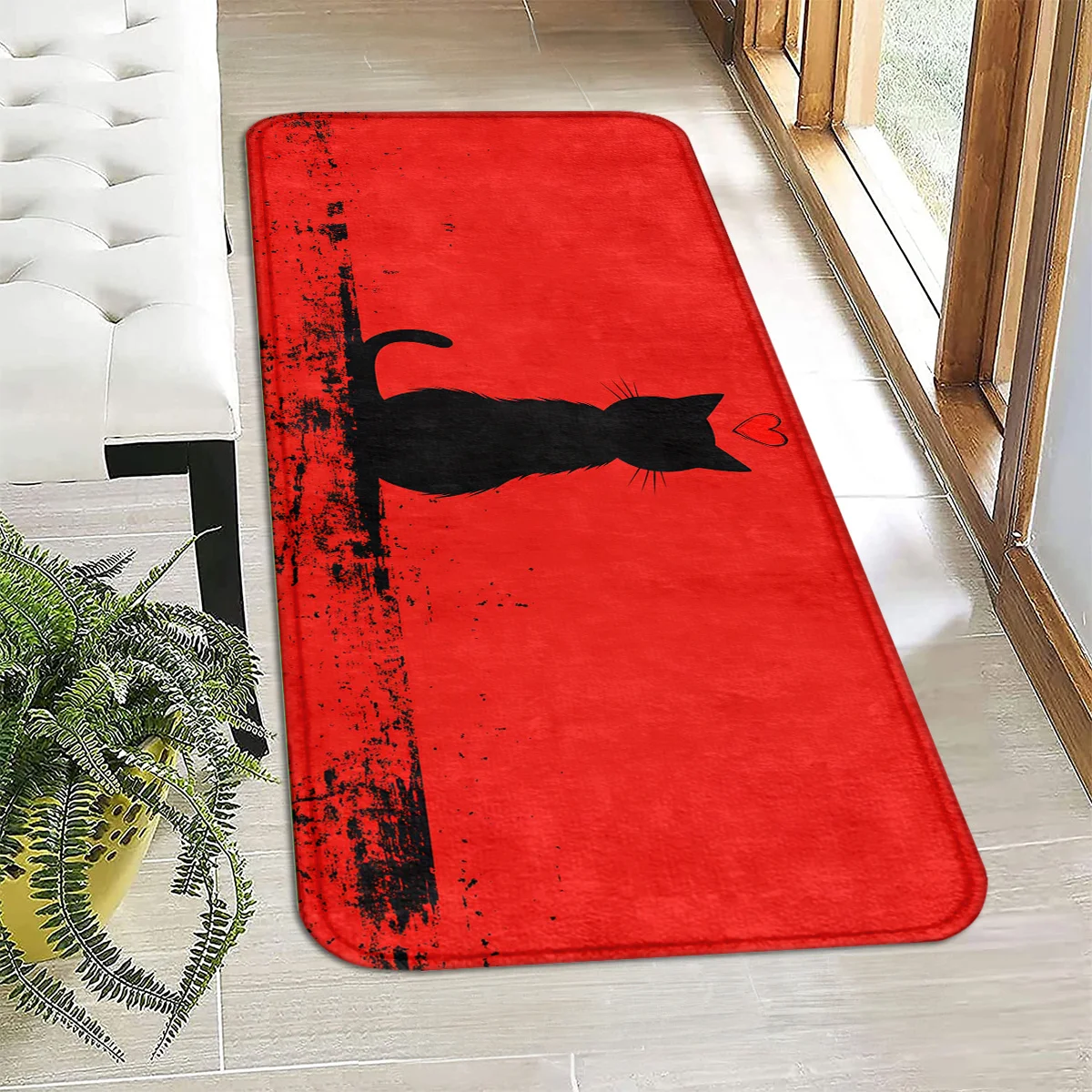 1pc, Black Cat Pattern Doormat, Red Non-slip Washable Knitted Polyester Mat, Suitable for Bathroom, Kitchen, Bedroom, Living R