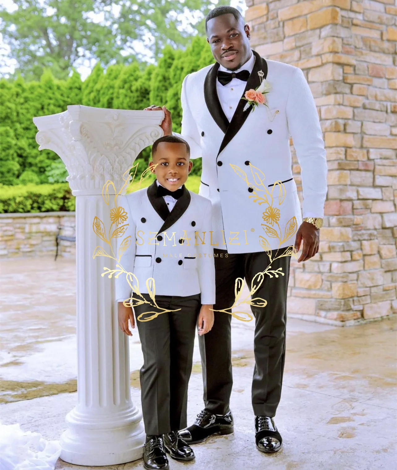 Boys Suit Wedding Tuxedo 2 Piece Double Breasted Suits Child Formal Blazer Set White Floral Jacket Black Pant Slim Fit Costume