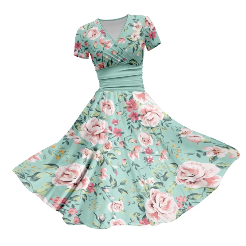 Summer Ladies Light Blue Pink Rose Floral Pattern Elegant Full Print Casual Skirts Short Sleeve V Neck Dresses