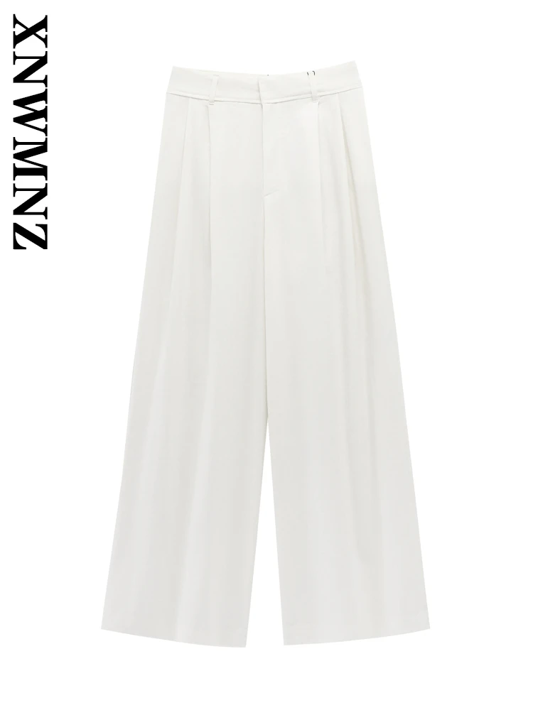 

XNWMNZ 2025 Summer Woman's Streetwear Button Outerwear Long Pants Sophisticated Woman Wide Leg Pants Ruffles Bottoms High Waist