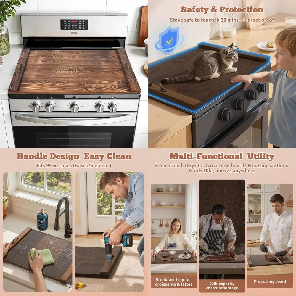 

Wooden Noodle Board Gas Stovetop Cover 30x22 Inches with Handles, Kitchen Cutting Board for Gas Stoves
