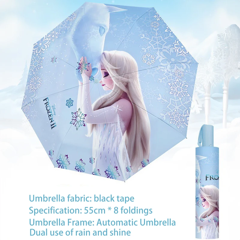 Disney Frozen II Elsa Automatic Umbrella Rain Shine Cartoon Umbrella UV Protection 8 Folding Portable Sunshade for gift