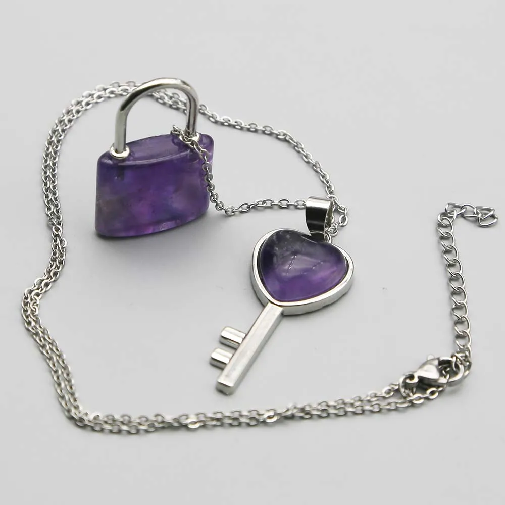 Natural Stone Crystal Heart Silver Key Lock Set Pendant Stainless Steel Chain Necklace Charms Jewelry Accessories Wholesale 4set