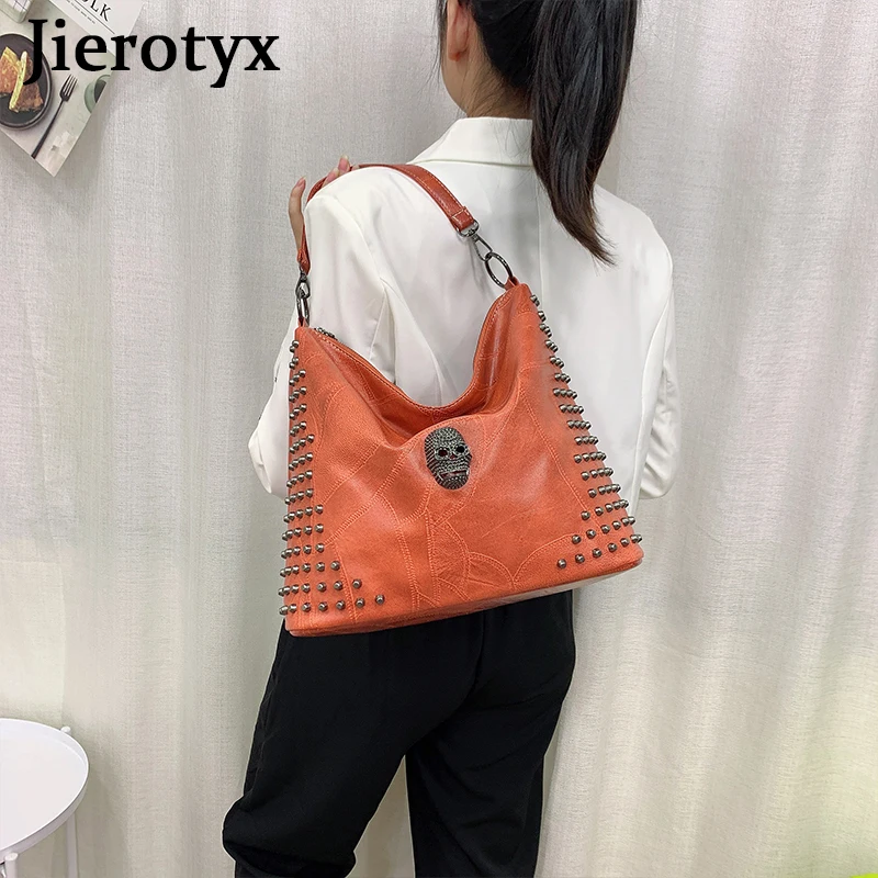 JIEROTYX Vintage Rivet Tote Bags Skull Design Bucket Bag Women Shoulder Bags Soft PU Leather Shopping Large Capacity Gothic