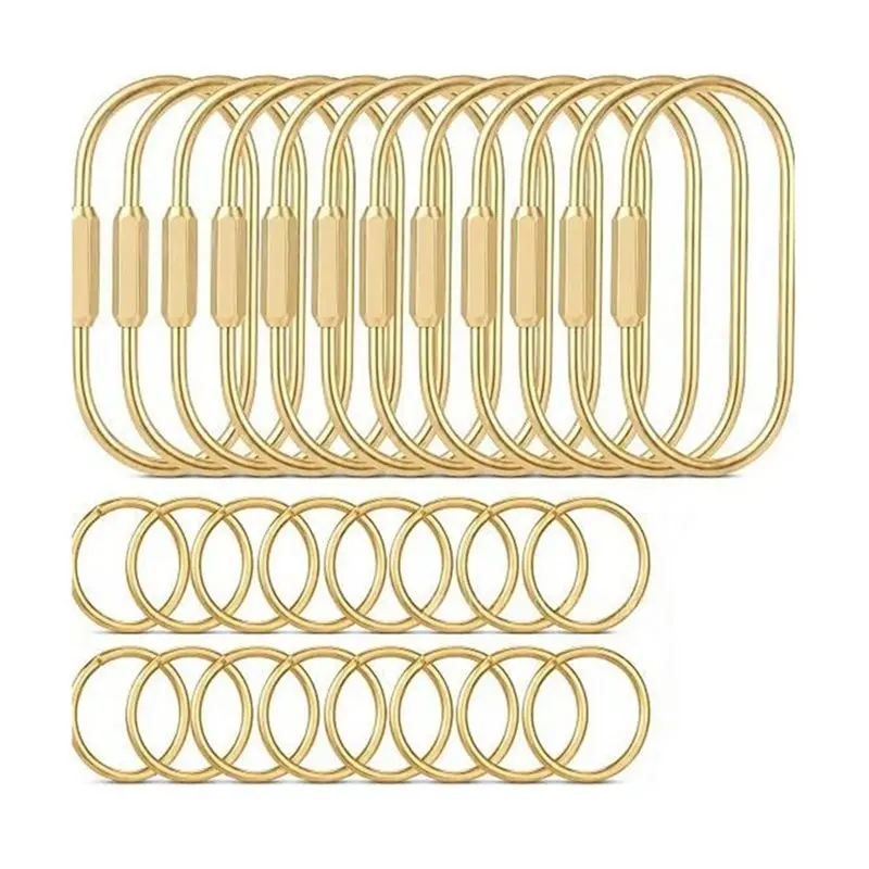 A53M-Gold Key Ring Set Featuring 12 Brass U-Shaped Locking Rings& 16 Split Rings For Keys, Bags, Charms