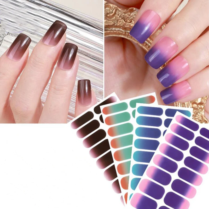 컬러 그라디언트 네일 랩 전체 커버 자체 접착 네일 데칼 Decors DIY 매니큐어 슬라이더 프레스 손톱 uñas postizas ofertas
