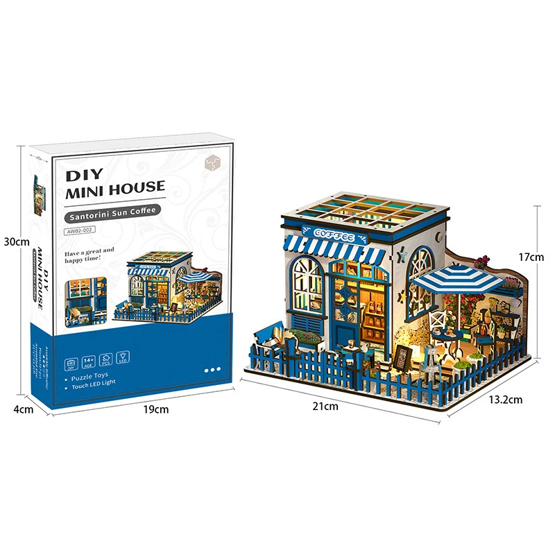 Diy casa de bonecas de madeira santorini sol café casa em miniatura com kit móveis montar brinquedo criança adulto presente aniversário casa