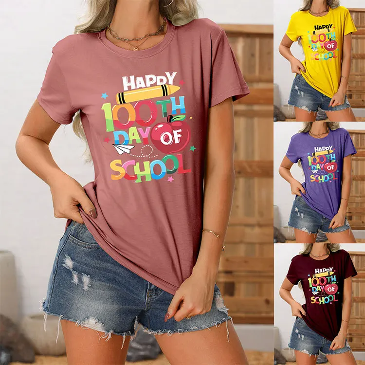 

Summer ladies happy 100th day school printed short-sleeved T-shirt new loose casual crew-neck top with women's fashion pullover