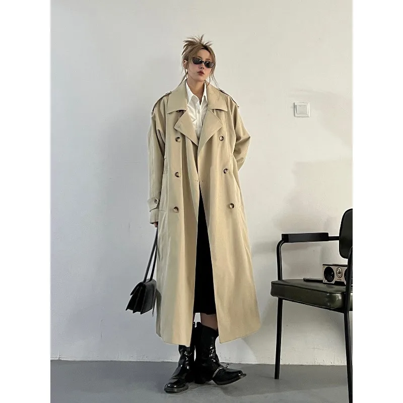 

SuperAen 2025 Spring and Autumn New Korean Style Long Casual Drape Beige Apricot Trench Coat for Women Fashion Coats