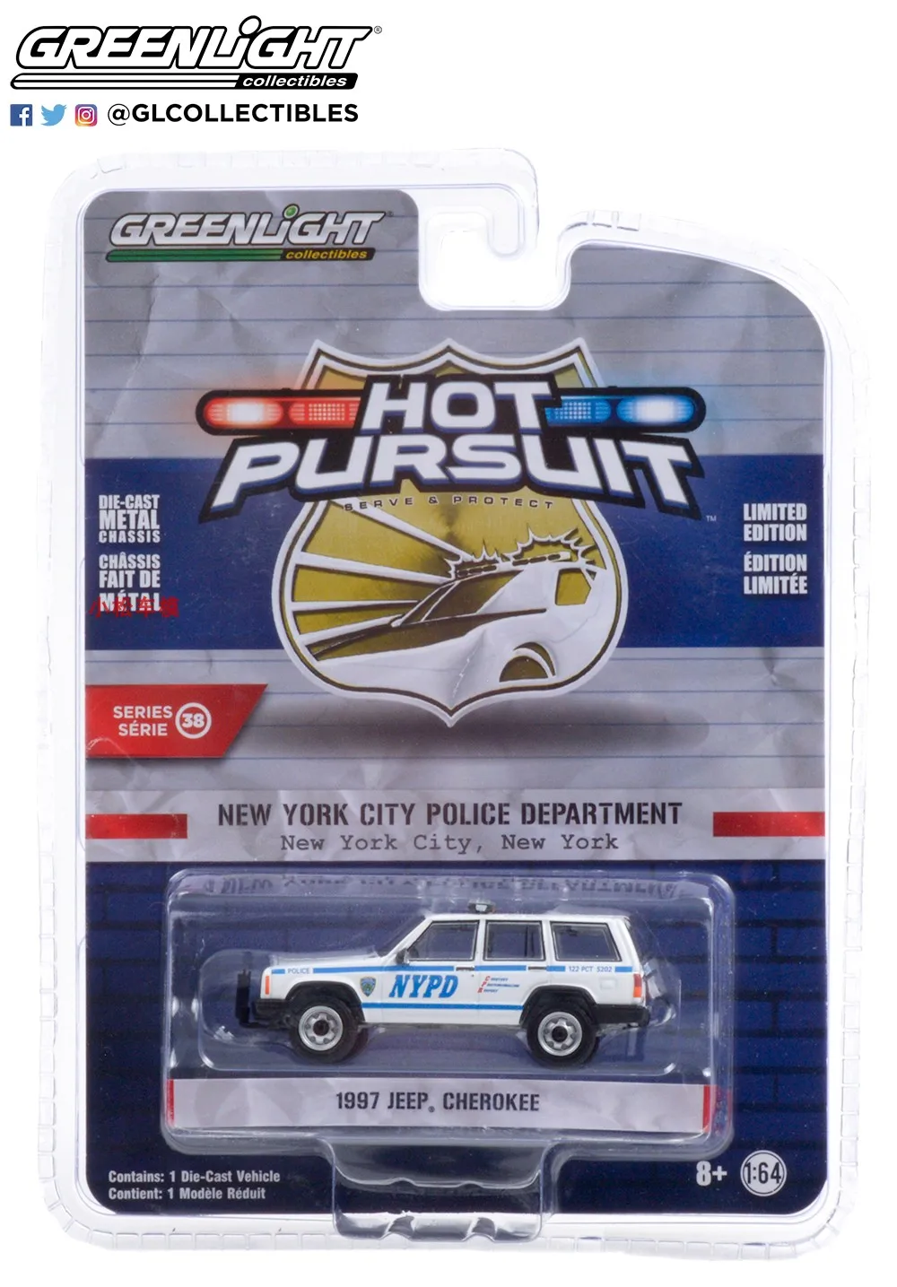 

Green Light 1:64 1997, Jeep Cherokee NYPD, вакуумная формованная модель из сплава, детский подарок, высококачественная коллекция, декоративная игрушка