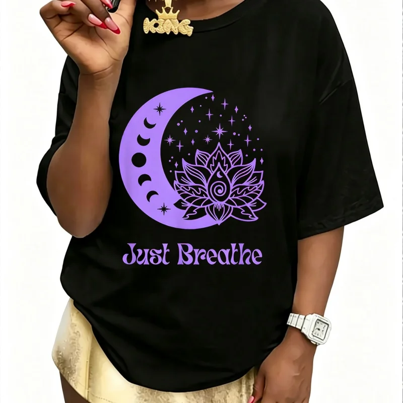 Yogi Purple Moon Phase Yoga Meditation Just Breathe Women's T-Shirt 100% Cotton Fun Print Short Sleeve Top Casual Round Neck Tee S-5Xl