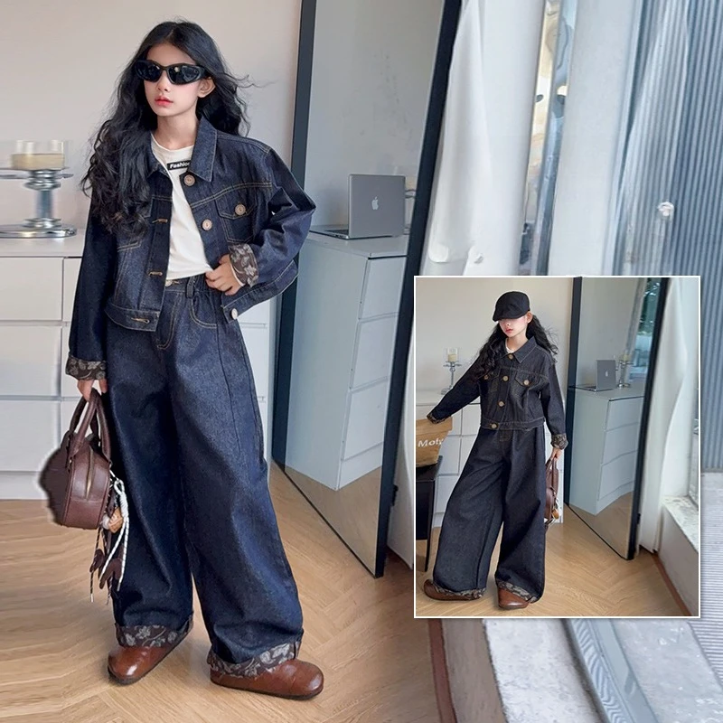 

autumn teen girl Printed patchwork lapel denim set Cowboy jacket+Wide leg jeans 2pcs junior kid pants suit child clothes outfits