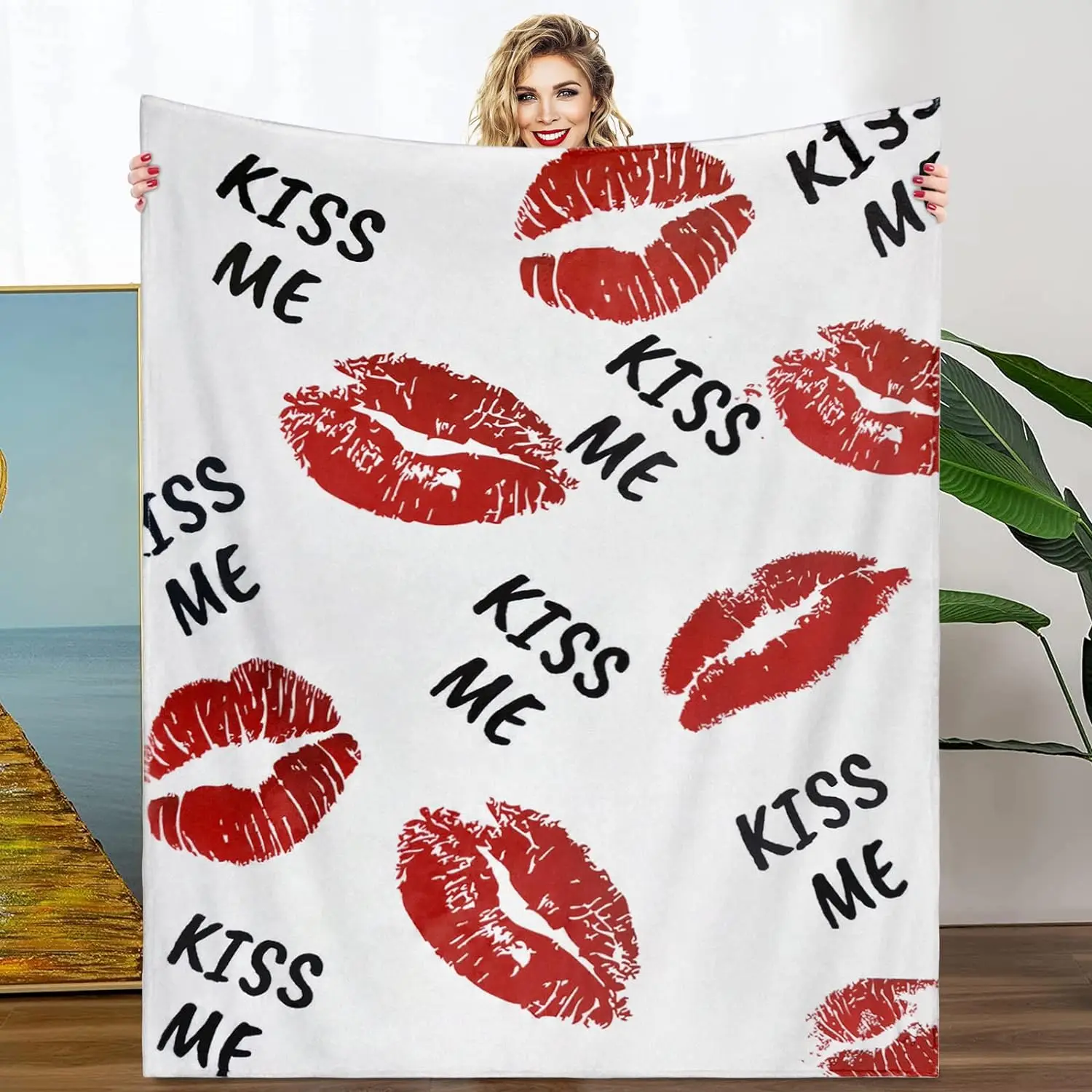 

Lips Blanket for Girls Women Valentines Day Soft Blanket Mom Girlfriend Wife Birthday Gift Kiss Me Red Mouth Flannel Fleece