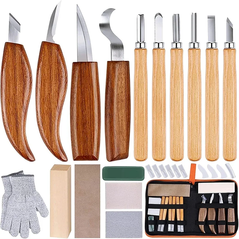 26-in-1 Wood Carving Kit with Detail Wood Carving Knife Whittling Knife Wood Chisel Knife Gloves Carving Sharpener For Spoon Bow