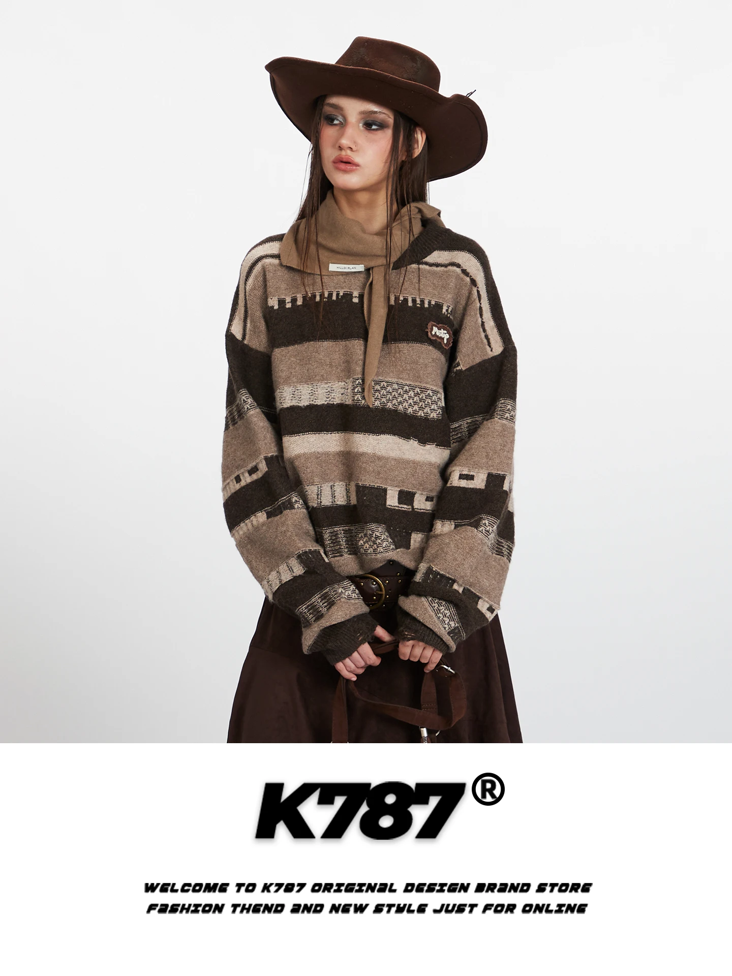 

K787 Американский ретро-свитер унисекс с цветными блоками, круглым вырезом, свободного кроя, с дизайнерскими отверстиями, теплый, в стиле кэжуал, для пар