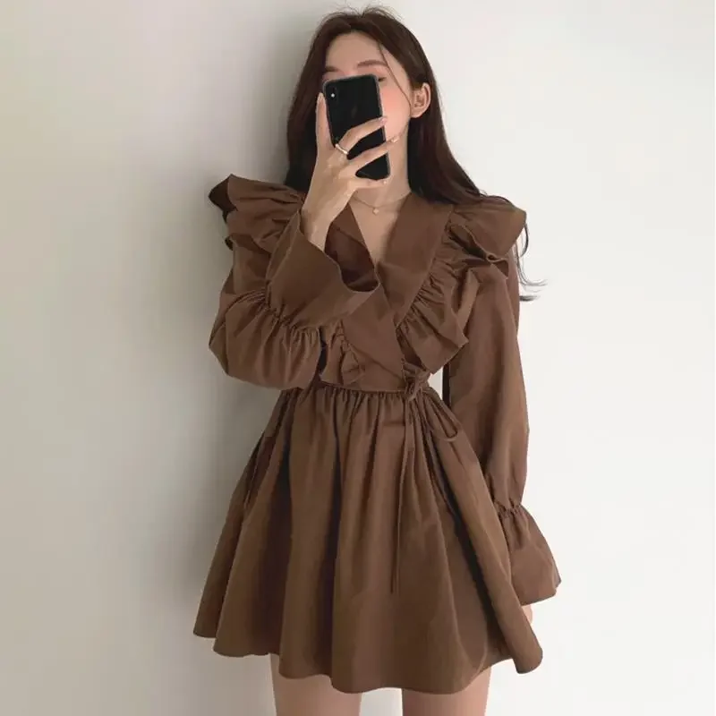 

New Early Autumn Retro V-neck Cross Ruffled Tie Waist Flared Sleeve Short Dress Women Dresses