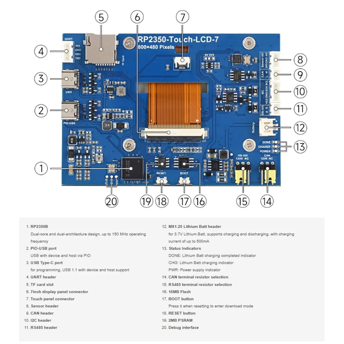 placa-de-desarrollo-tactil-lcd-dtc6-rp2350-de-7-pulgadas-resolucion-800-x-480-65k-colores-compatible-con-doble-nucleo-y-doble-arquitectura