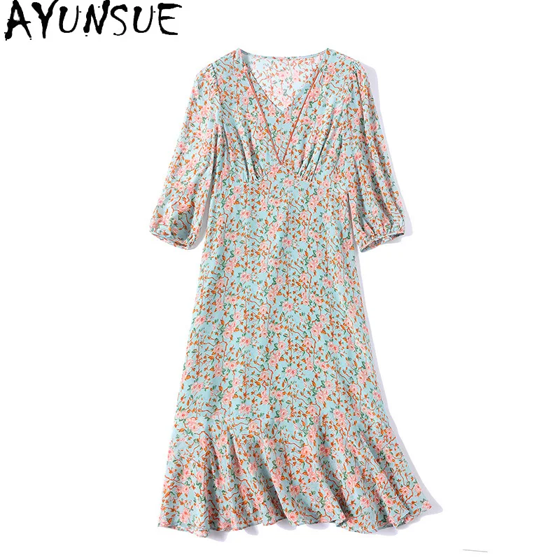 AYUNSUE-vestido de seda de morera para mujer, ropa con estampado elegante, moda de verano, francés, 100%