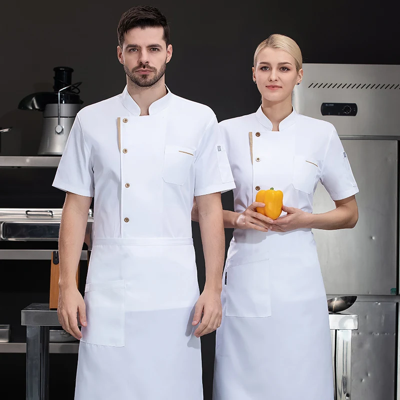 Tablier d'uniforme de chef à manches courtes pour hommes, veste d'objectifs de chef d'été, manteau de chef respirant, vêtements de travail de cuisine de restaurant, logo noir