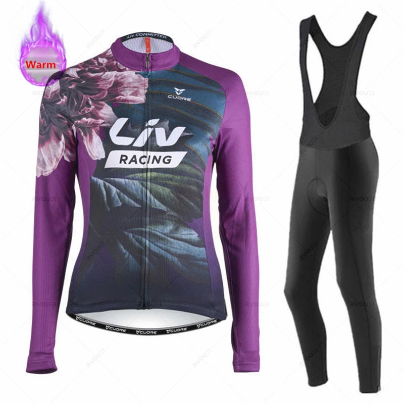 Liv-Thermal Fleece Cycling Jersey Set for Women, MTB Clothes, Road Bike Uniform, Cycling Clothing, Winter