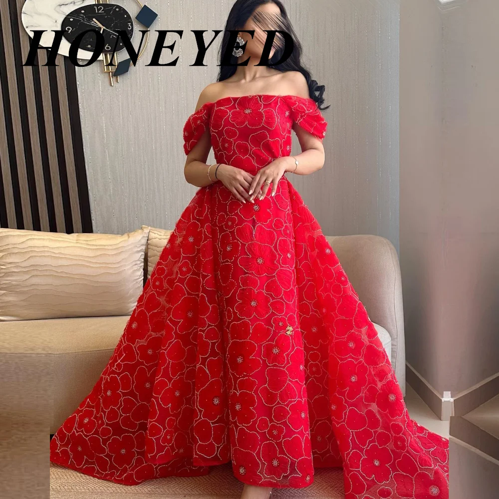 HONEYED-vestido de noche de lujo para mujer, traje rojo de línea A con flores, hombros descubiertos, baile de Arabia Saudita, longitud hasta el suelo, Dubái, 2024