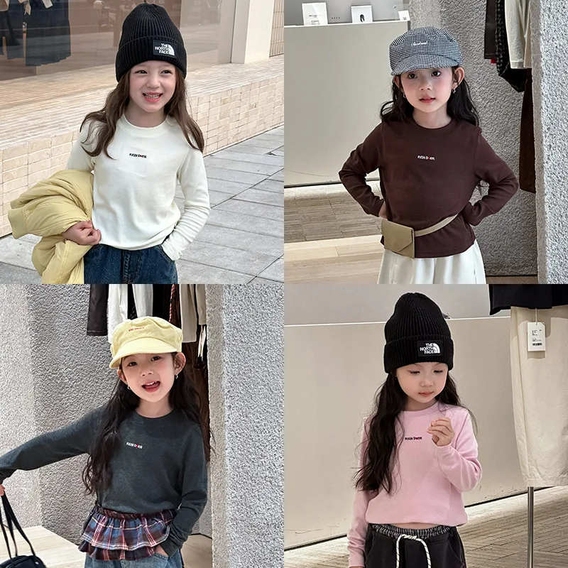 2025 Autumn New Fashion Girl Baby Soft Glutinous Cashmere Versatile Letter Base Shirt Boutique Clothing Simple Style