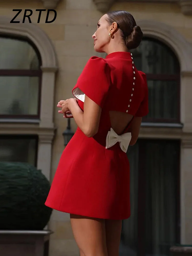 Elegant Bow Hollow Out Mini Dress Women Fashion O-neck Short Puff Sleeve Female Patchwork Dresses 2024 New Lady Party Vestidos
