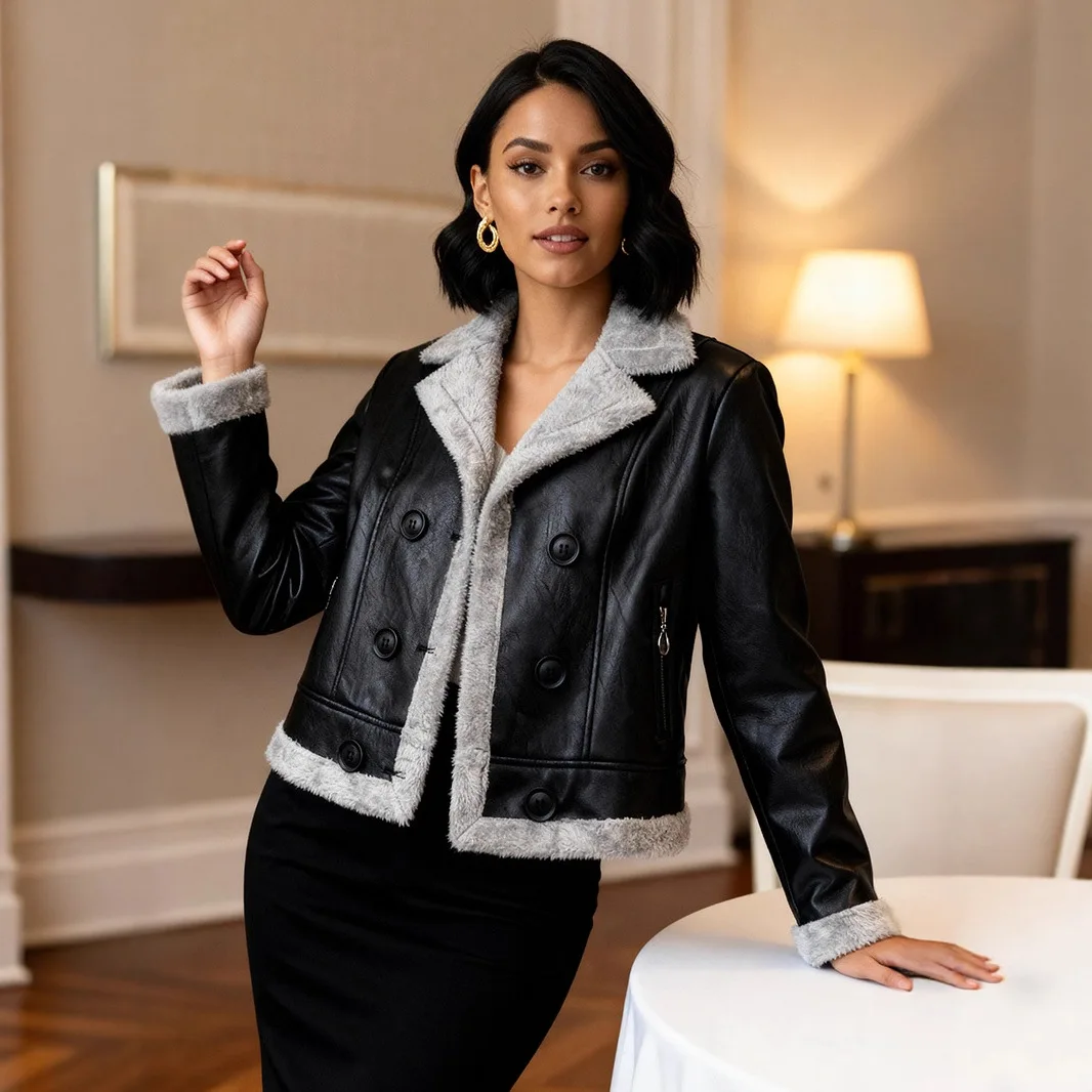 سترة نسائية من جلد البولي يوريثان سميكة من الصوف لعام 2026 #3