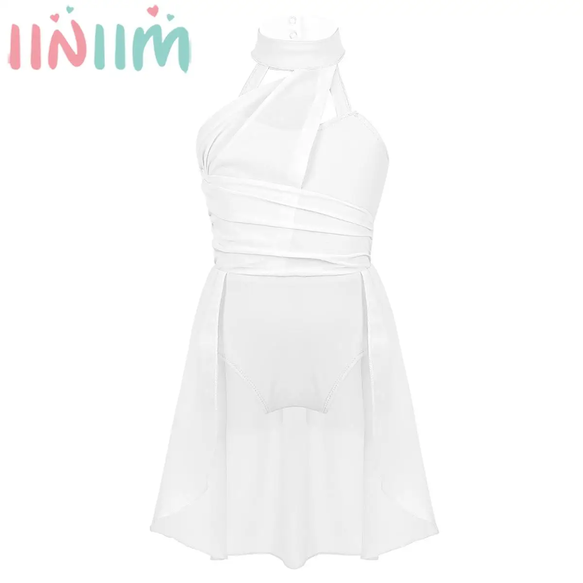 Girls Lyrical Dance Performance Clothes Gymnastics Skating Acrobatics Ballet Bodysuit Dress Sleeveless Chiffon Bodice Leotard