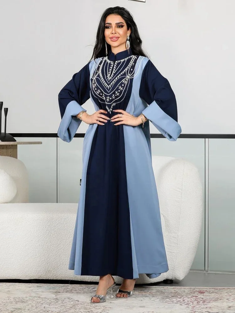 Eid Muslim Dress Women Abaya Diamond Long Sleeve Vestidos Largos Stand Collar Arab Jalabiya Party Dresses Kaftan Long Robe 2024