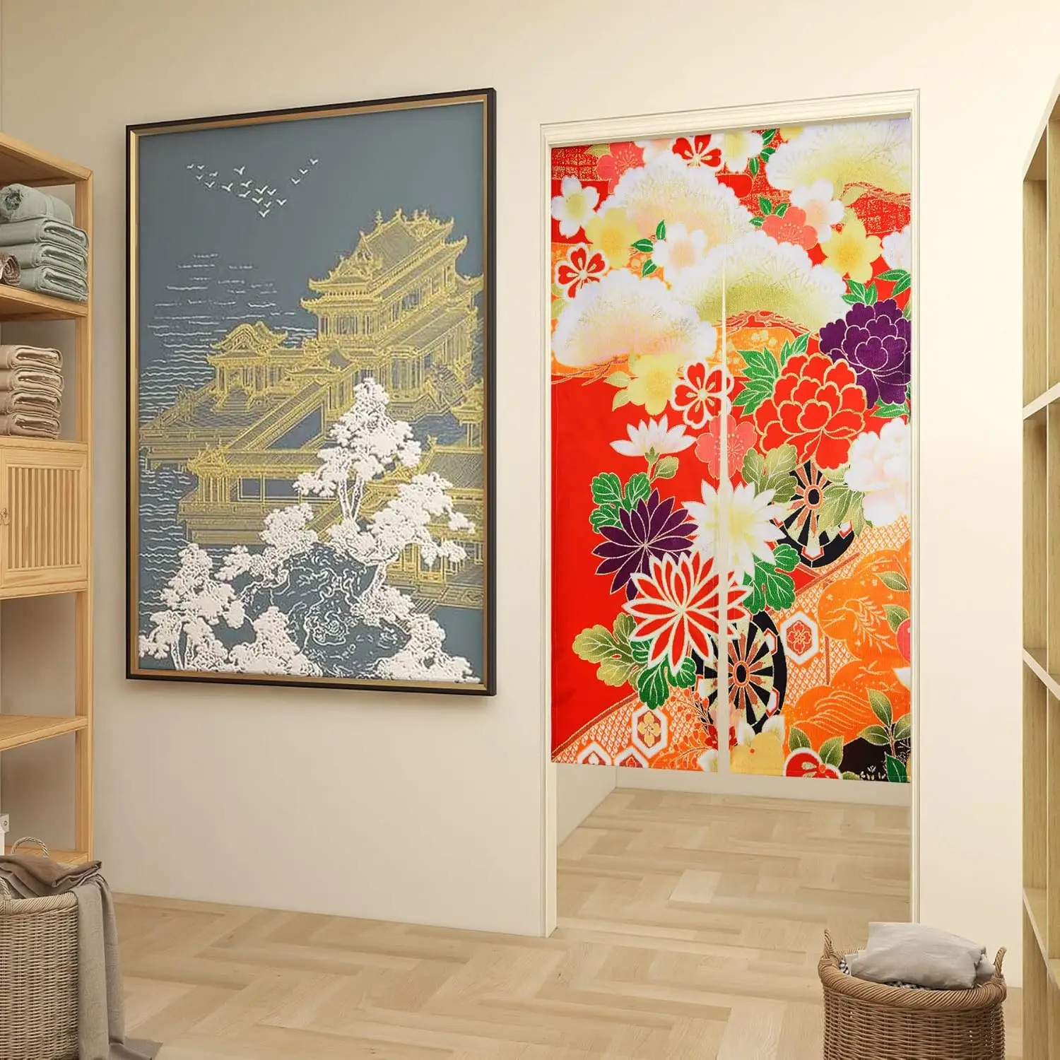 Japanese Noren Door Curtain - Chrysanthemum & Sakura Floral Print, Polyester Room Divider for Tea Room & Home Privacy Decor