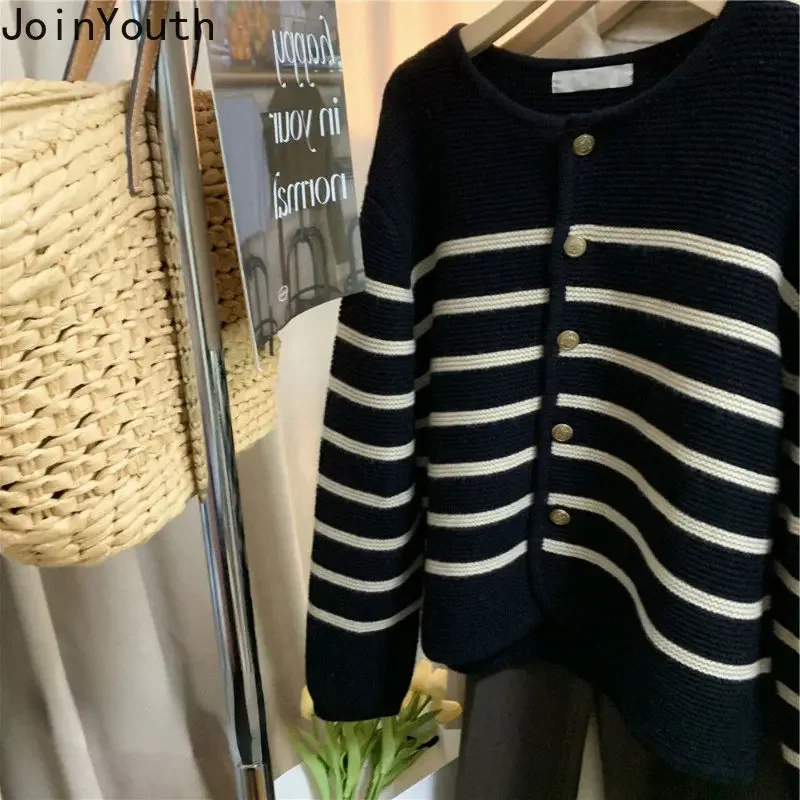 Korean Cardigan Jackets Women Clothing O-neck Loose Thicked Sueter Pull Femme Fashion Striped Casual Vintage Knit Sweater Tops