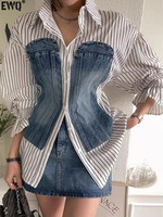 [EWQ] Korean Fashion Denim Patchwork Long Sleeve Striped Blouse Slim Single Breasted Temperament Women Shirt Spring 2025 Autumn