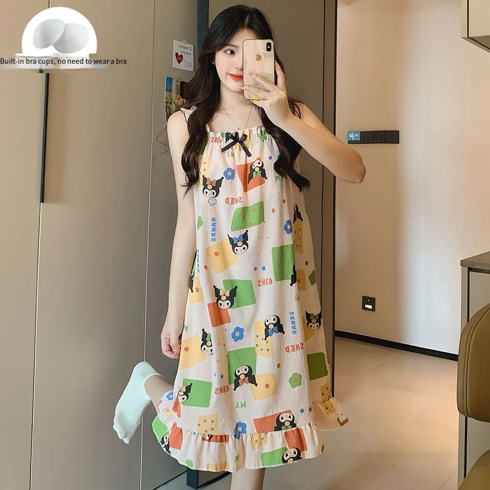 

Элегантная пижама Sanrio Kuromi: женская ночная сорочка-платье с бретельками, длинное платье-неглиже, летняя одежда, повседневная домашняя одежда