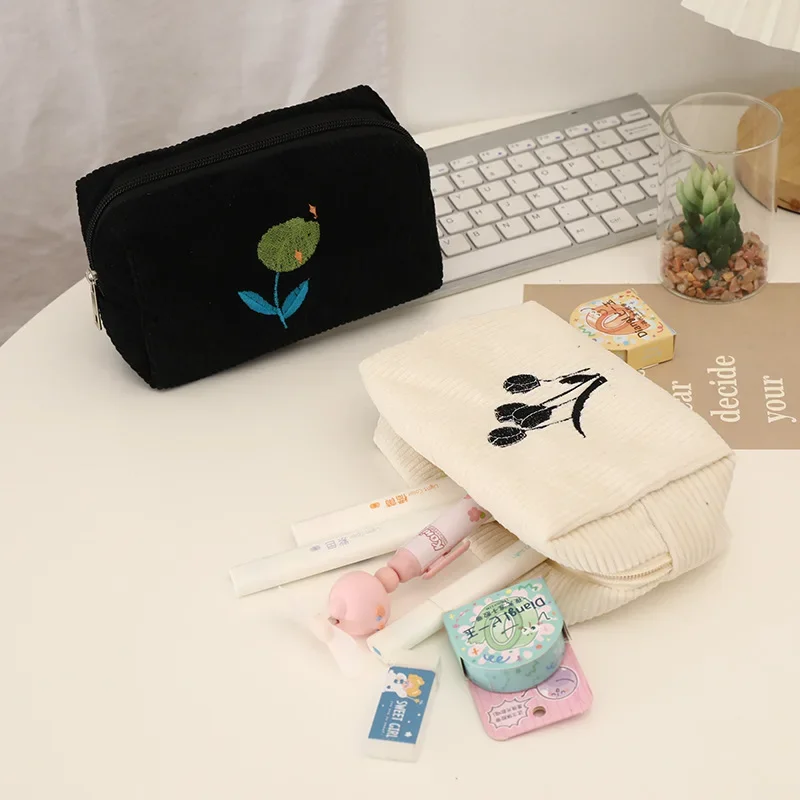 Fashion Flower Corduroy Makeup Bag Women Cosmetic Bag Female Student Pencil Case Stationery Pouch Travel Toiletry Bag Organizer