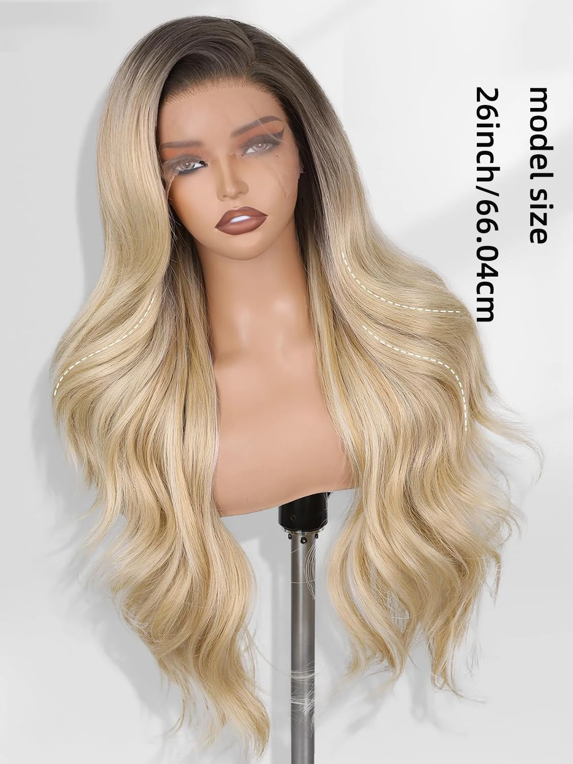 13x4x1 Lace Front Synthetic Wig Dark Root Ombre Blonde Body Wave 26Inch Heat Resistant Pre‑plucked Long Curly Wig For Women