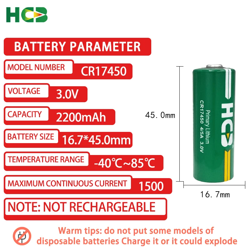 HCB CR17450 lithium-ion battery 3V intelligent water meter, heating meter, compass, steering instrument, smoke detector