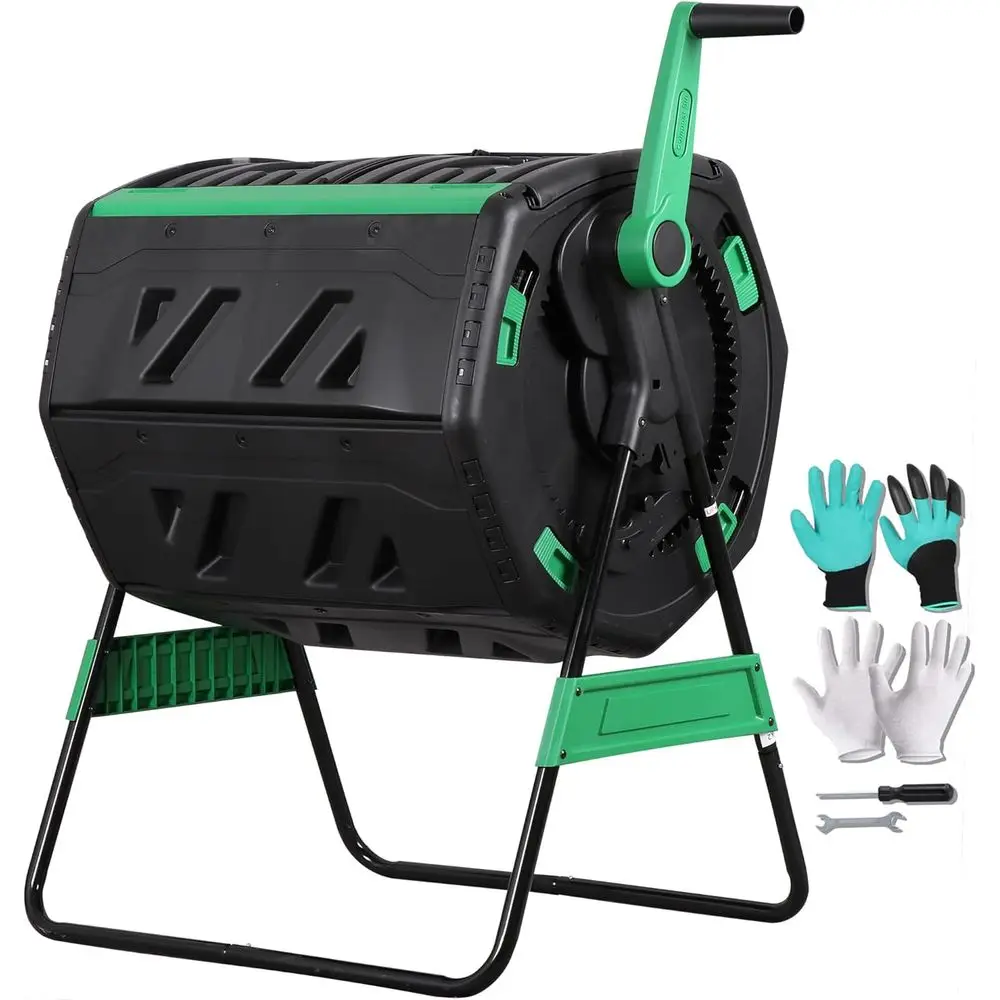 53-Gallon Dual Chamber Compost Tumbler, Outdoor Bin with 360° Hand Crank & Adjustable Aeration, Includes Gloves & Tools, Sturdy