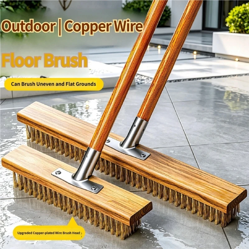 Deck Scrub Brush Ground Scrubber Wood Handle And Aggressive Wire Bristles for Concrete, Grout, Garage, Patio