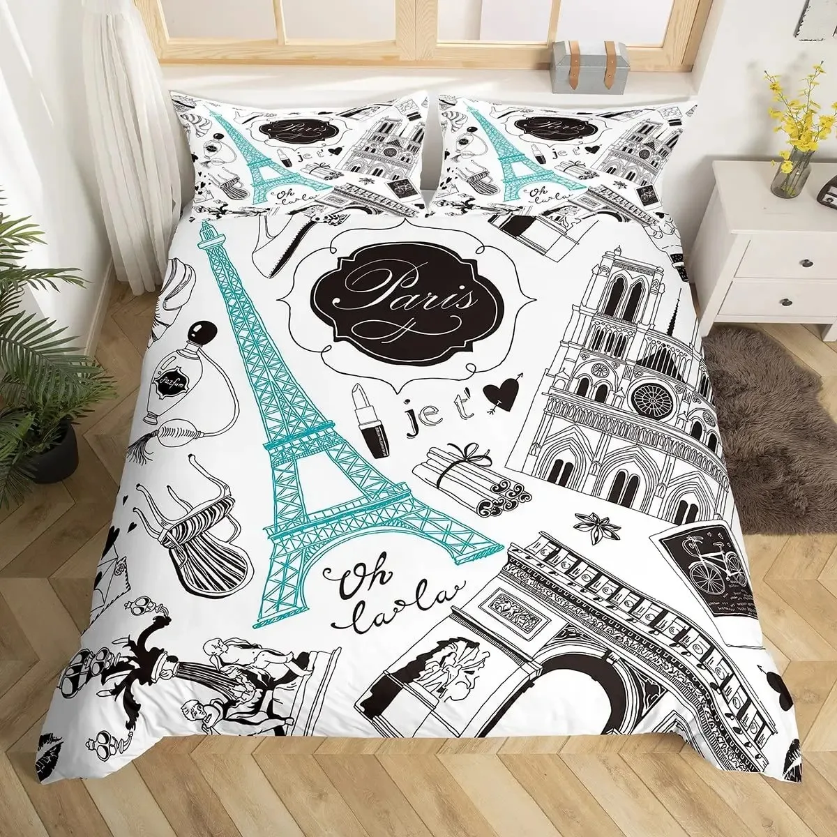 

Paris Duvet Cover Queen Size Blue Eiffel Tower Comforter Cover France Famous Buildings Print Bedding Set Black White Quilt Cover