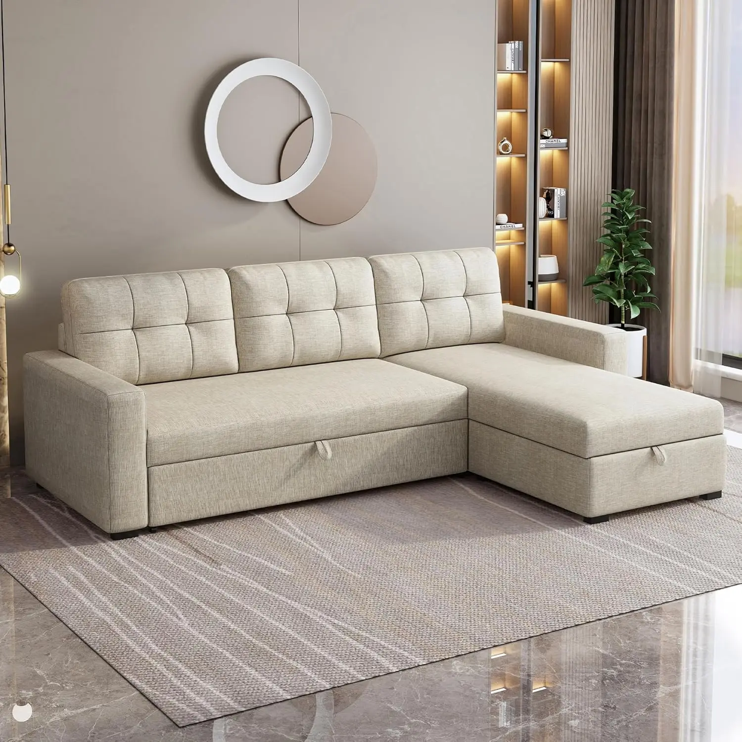 Sleeper Sofa with Storage Chaise, L Shaped Pull Out Couch Bed with 3 Removable Back Cushion for Living Room, Apartment,Office,Be