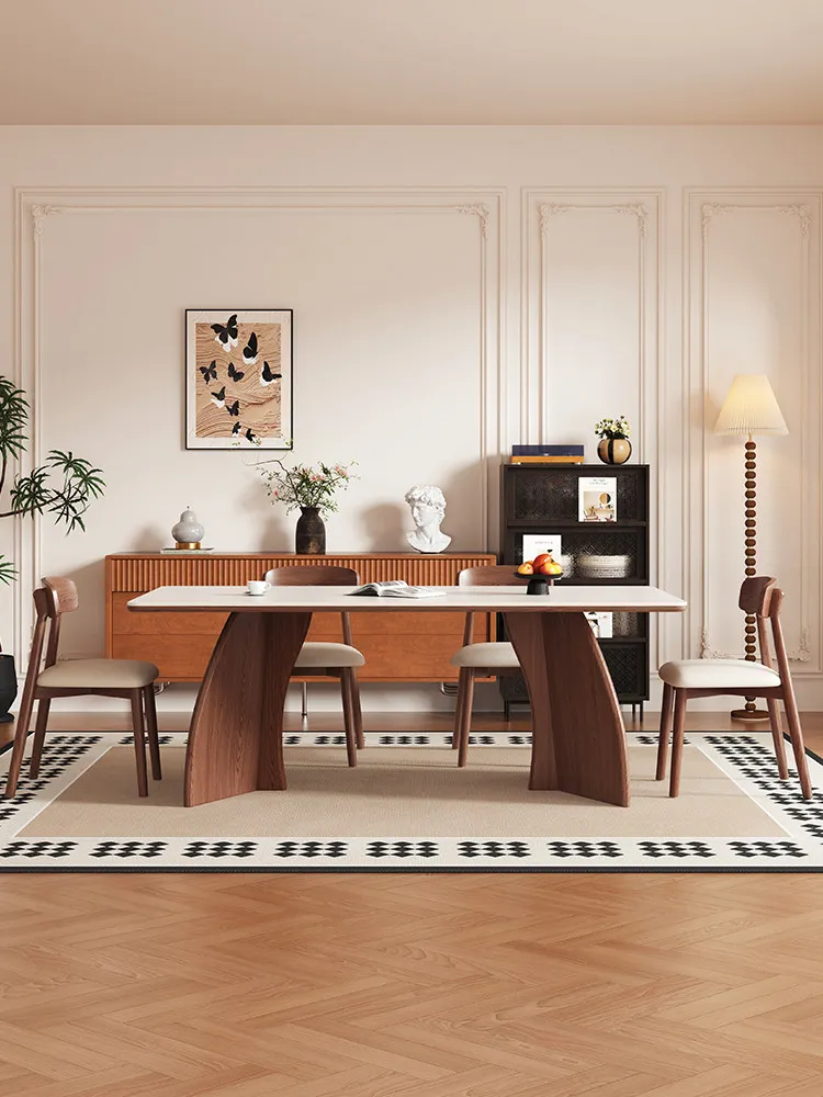 French medieval solid wood rock slab dining table walnut dining table household small apartment new rectangular rock slab dining