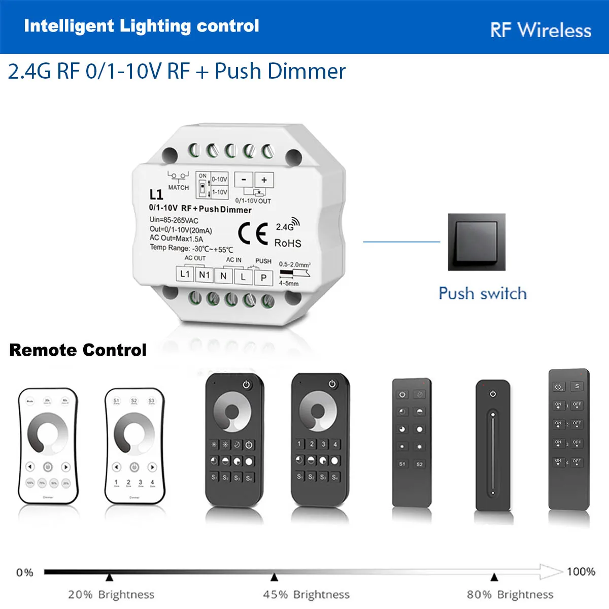 AC85V-220V 0-10V 1-10V LED Wireless Dimmer Push Switch + 2.4G RF Touch Dimming Remote Controller for LED Dimmable Power Drive