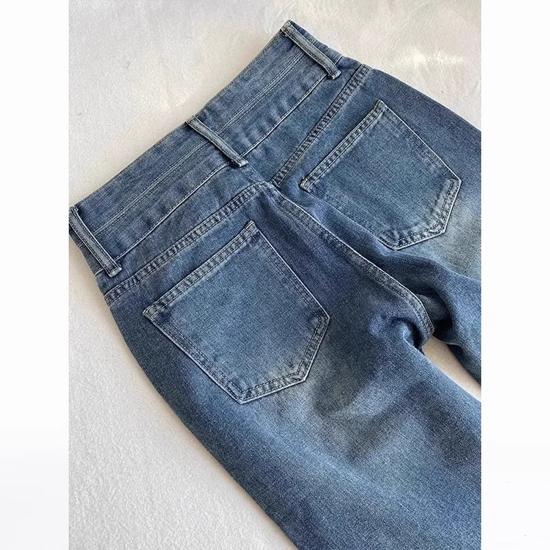 Damskie jeansy vintage z wysokim stanem, szerokimi nogawkami, prostym krojem, dopasowane, luźne, z podwójnymi kieszeniami, długie do podłogi, w kolorze niebieskim.