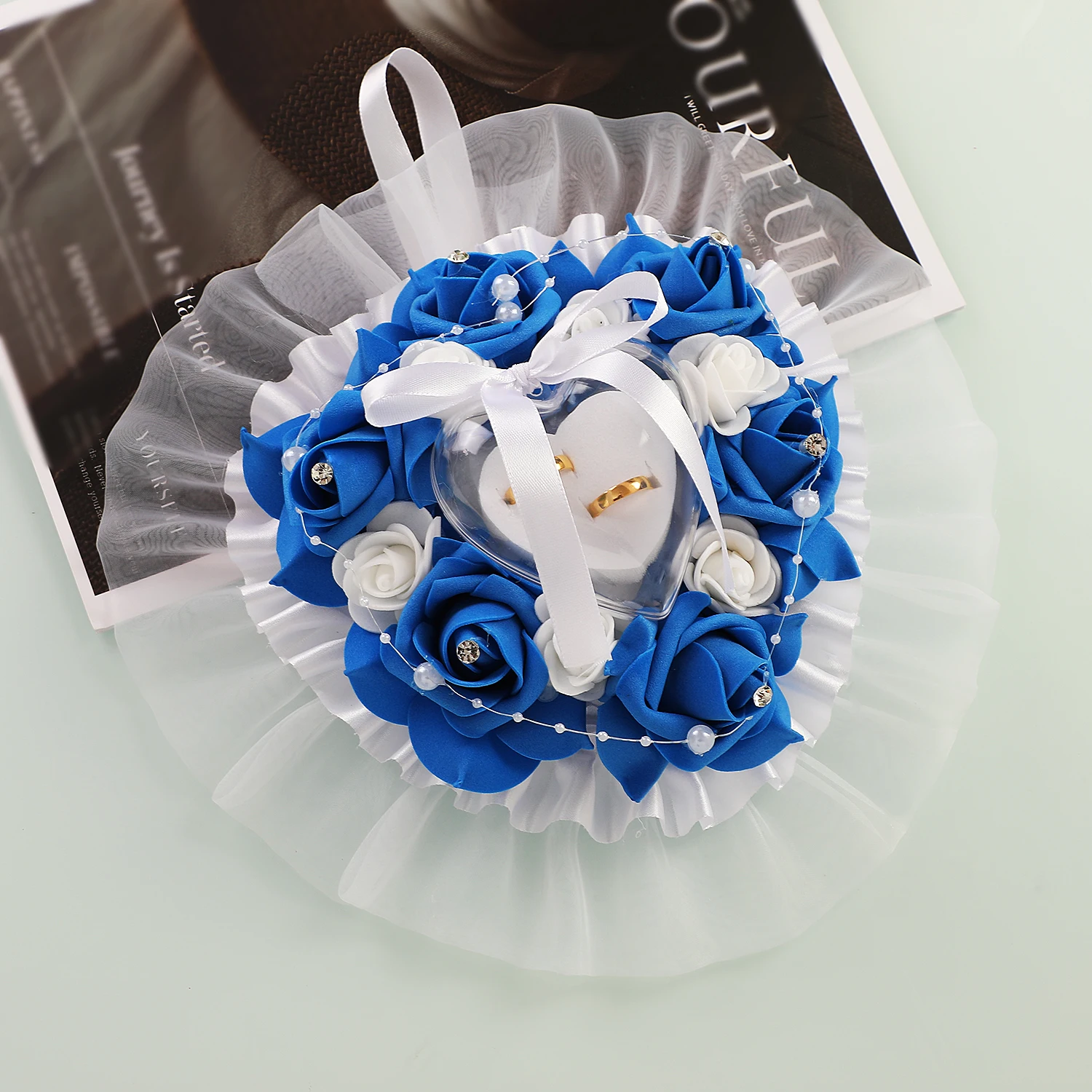 Wedding Ring Bearer with Rose Flower Decor Heart Shape Ring Box Romantic Wedding Ring Cushion Engagement Party Accessory