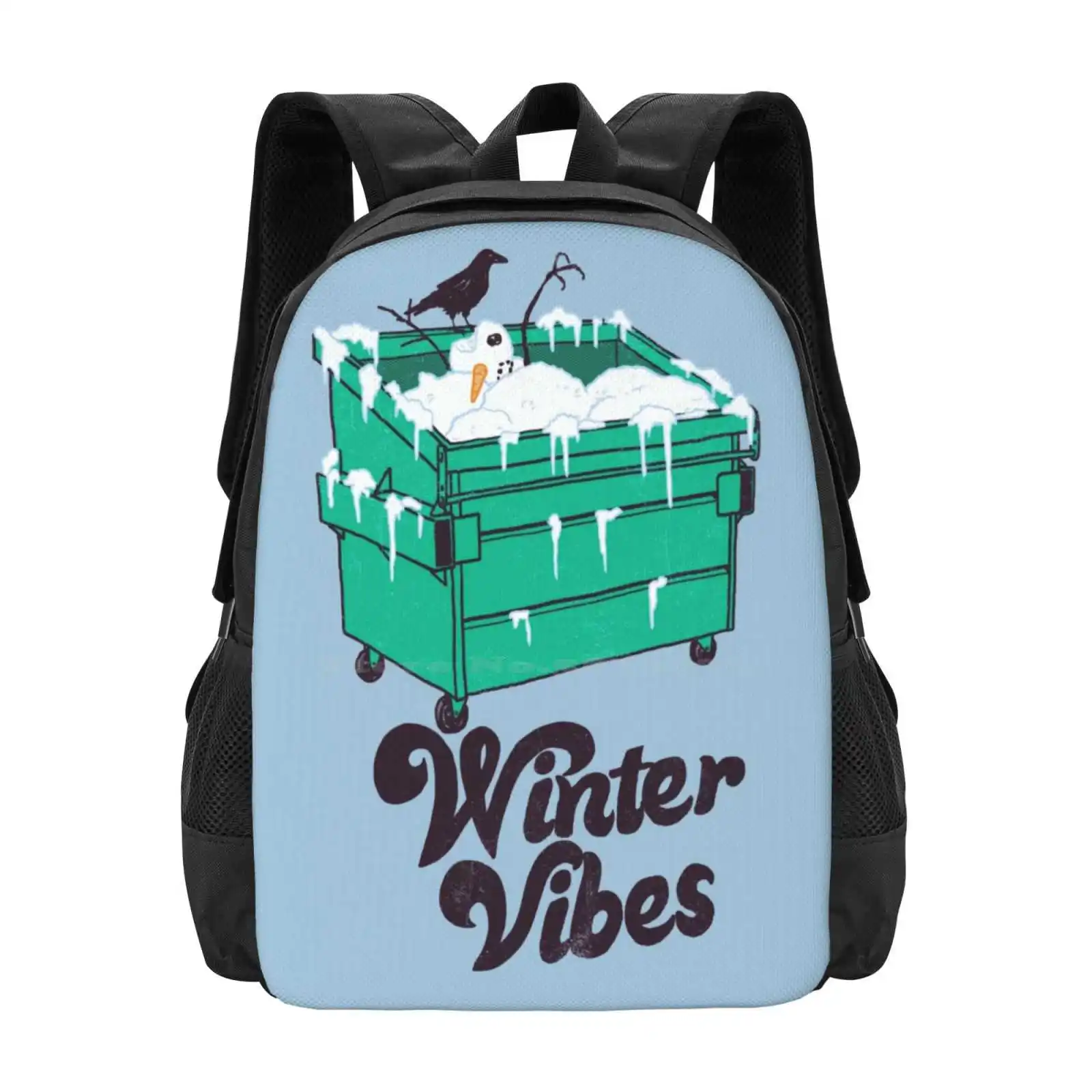 Winter Vibes 3d Print Design Backpack Student Bag Cold Ice Winter Snowman Dumpster Garbage Retro Vibes Feelings Feels Freezing