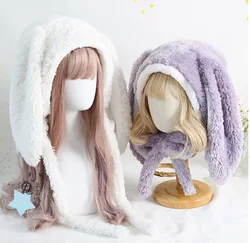 Japanese Sweet Loppy Bunny Eared Rabbit Cap Lolita Earmuffs Cap Fluffy Warm Winter Fleece Hats